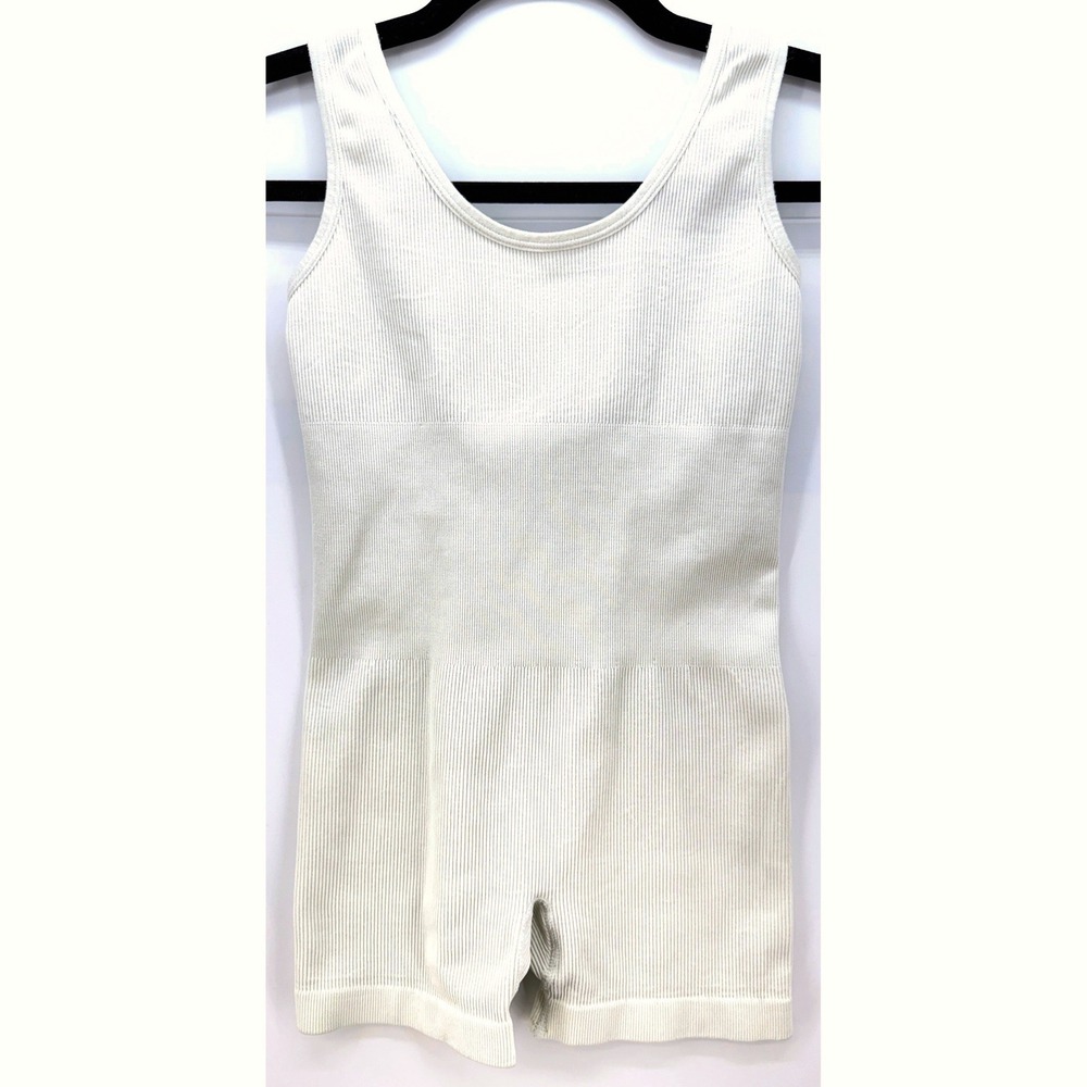 Ivory Ribbed Knit Romper Sz S Open Back Criss Cross Balletcore Minimalist Onesie
